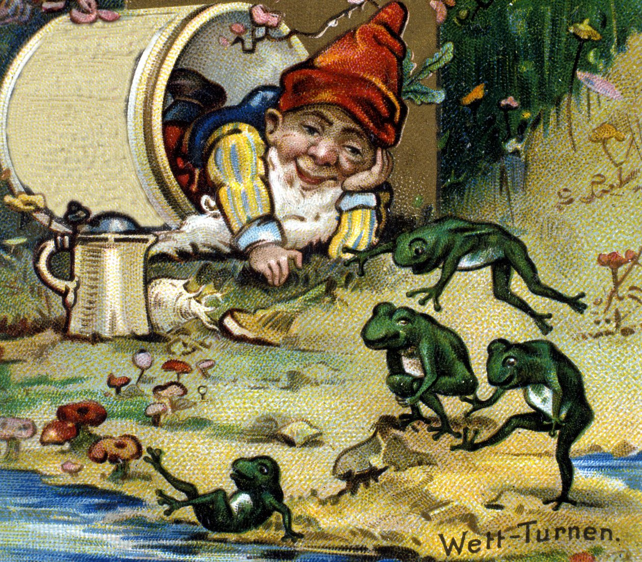 Krasnolud lub farfad bawiący się żabami. XIX-wieczna chromolitografia. autorstwa Unknown artist