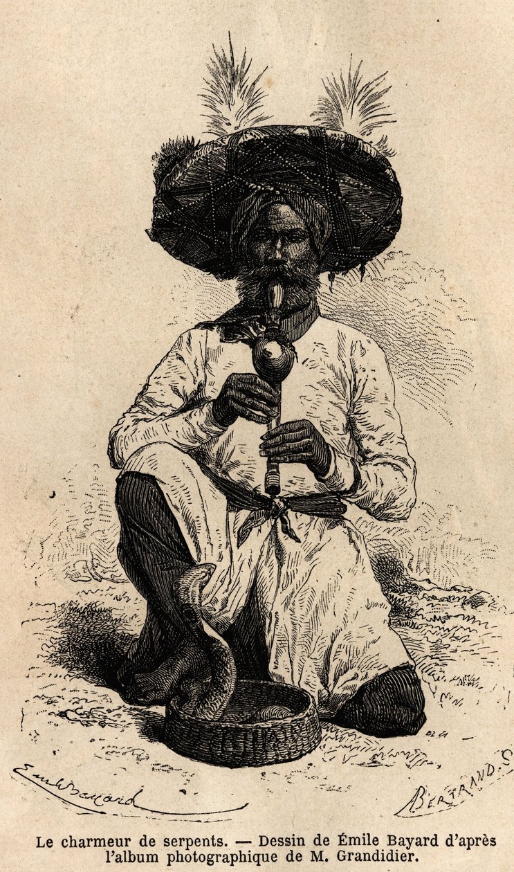 Fakir, zaklinacz węży. Rycina ilustrująca podróż po południkowych prowincjach Indii, autorstwa Alfreda Grandidiera, w latach 1862-1864, opublikowana w „”le tour du monde””, pod kierunkiem D