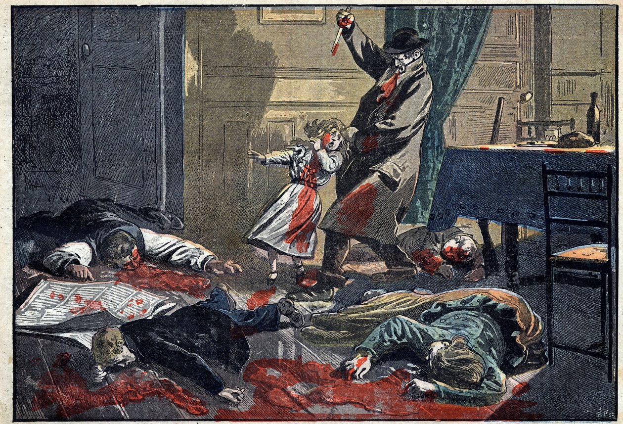 Zamordowana rodzina: morderstwo rodziny Leblond przez Caillarda, forcene, w Nassandre, niedaleko Bernay. Ilustracja w „” le Pelerin”” z 10 kwietnia autorstwa Unknown artist