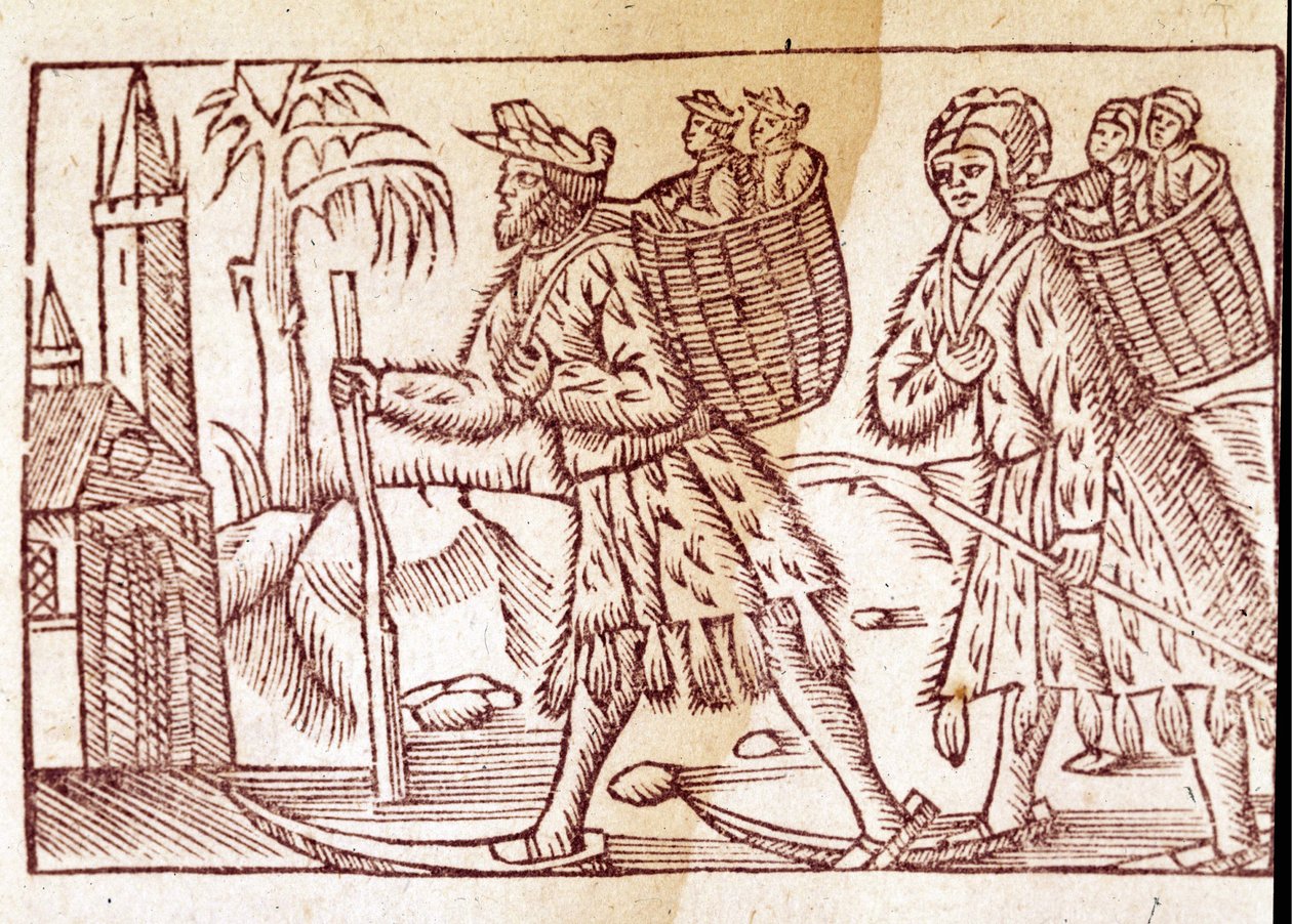 Rodzina Norwegów podróżująca na nartach. Grawer Olausa Magnusa (1490 - 1557), szwedzkiego zakonnika i geografa, „Historia de Gentis Septentrionalibus”, Wenecja autorstwa Unknown artist