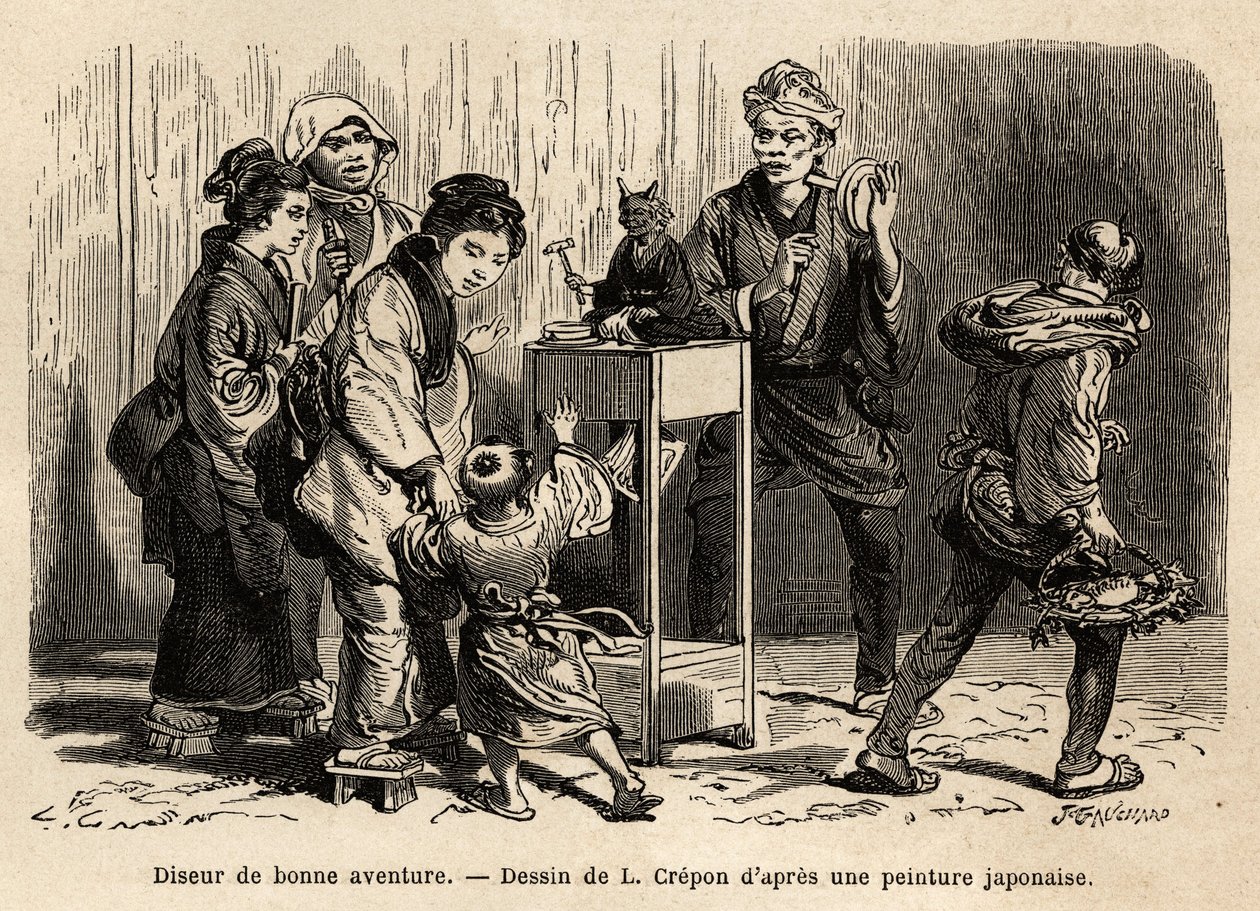 Wróżka na ulicach Edo (obecnie Tokio). Grawer ilustrujący podróż do Japonii Aime Humberta, ministra Konfederacji Szwajcarskiej, w latach 1863-1864, opublikowany w „” le tour du monde””, pod kierunkiem Edouarda Chartona, Hachette, Pari autorstwa Unknown artist