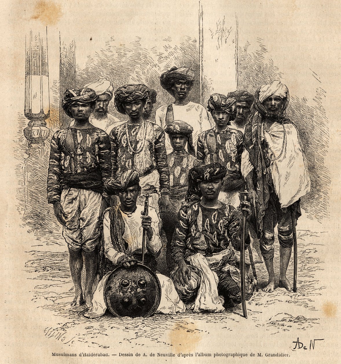 Grupa muzułmańskich mężczyzn w Haiderabad w Pakistanie. Rycina ilustrująca podróż po południkowych prowincjach Indii, autorstwa Alfreda Grandidiera, w latach 1862-1864, opublikowana w „” le tour du monde””, pod kierunkiem D