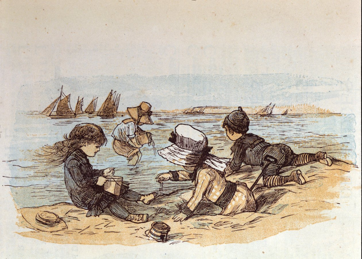 Grupa dzieci bawiących się nad wodą na piasku. 1881 autorstwa Unknown artist