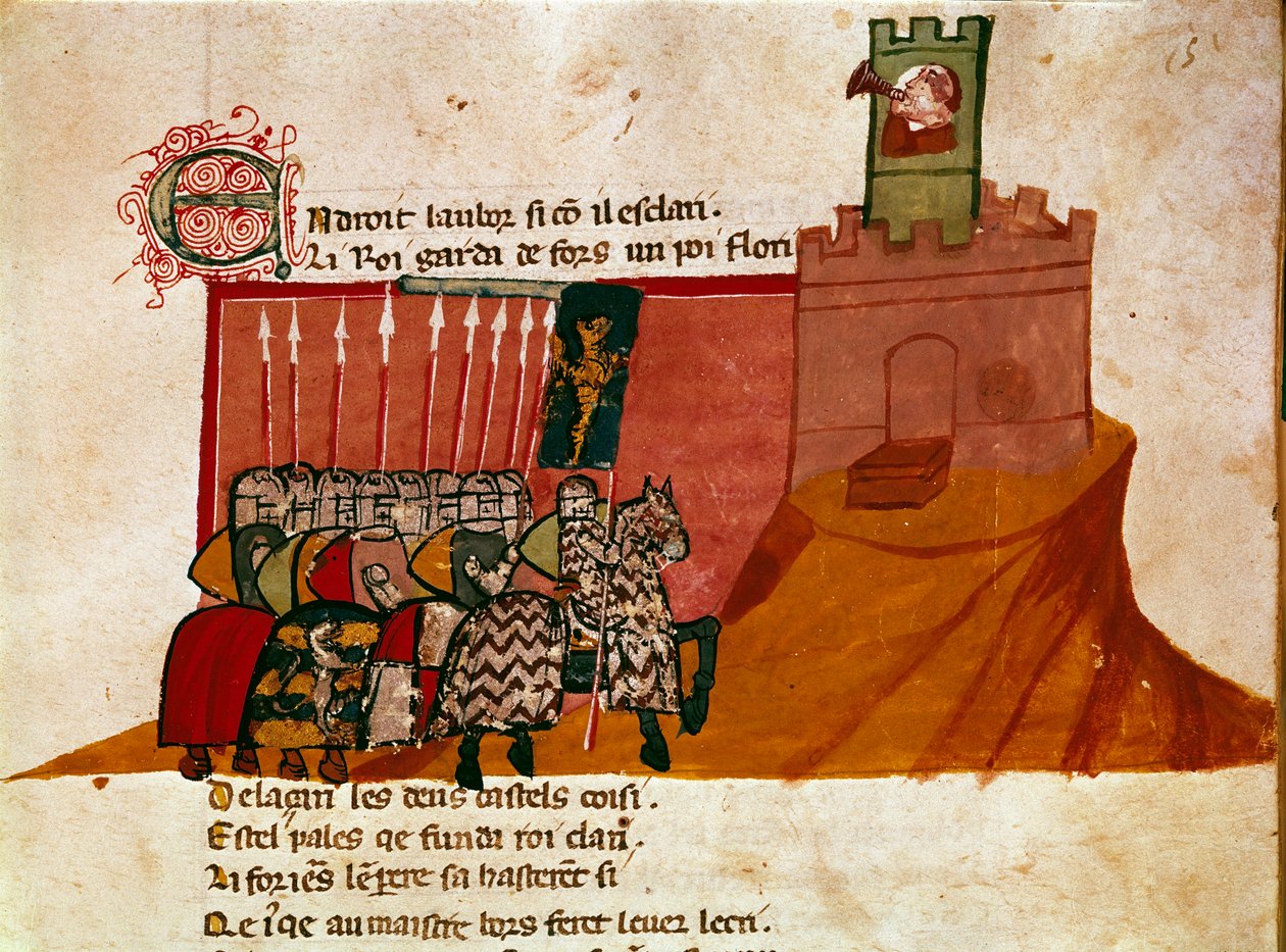 Grupa rycerzy frankowych przybywa do miniaturowego zamku z „Entree of Spain”. Wenecja z XIV wieku, Biblioteca Marciana. autorstwa Unknown artist