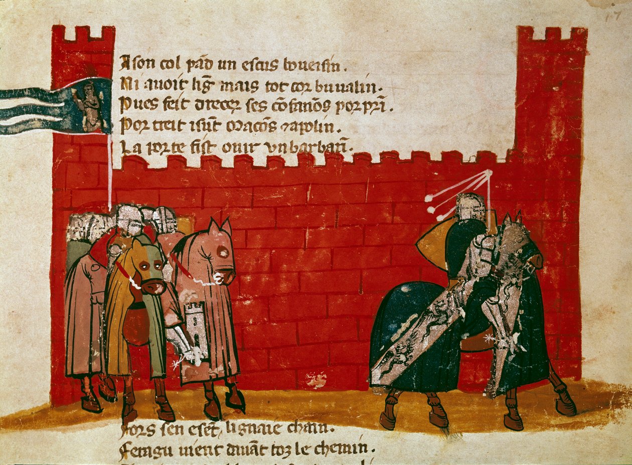 Grupa rycerzy opuszczająca miniaturowy zamek z „”Entree of Spain””. Wenecja z XIV wieku, Biblioteca Marciana autorstwa Unknown artist