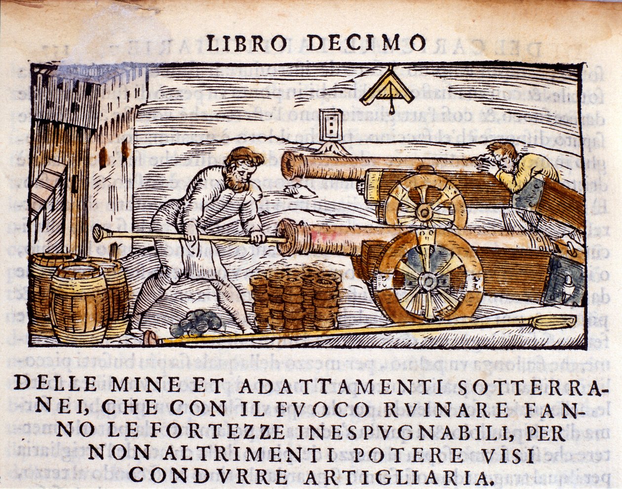 Strzelec ładujący broń materiałami wybuchowymi. Rycina z dojenia hutniczego „De la Pyrotechnia” (lub Pirotechnia) autorstwa Vannoccio Biringuccio (1480-1539) 1550. autorstwa Unknown artist