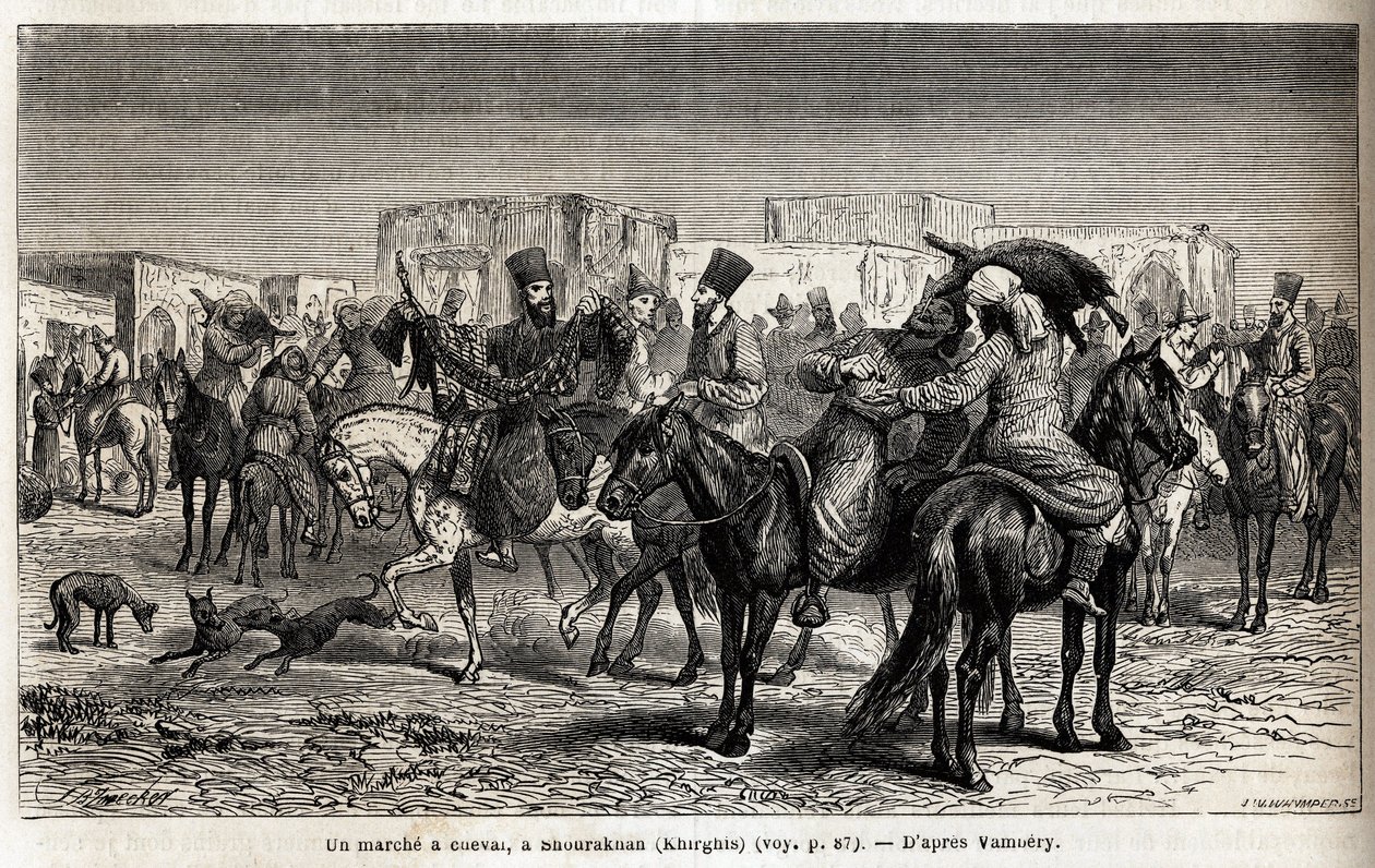 Spacer konny w Shurakhan (Kirgistan lub Kirgistan). Rysunek Emile Bayard (1837-1891), ilustrujący podróż do Azji Środkowej w 1863 roku, autorstwa Arminiusa Vambery