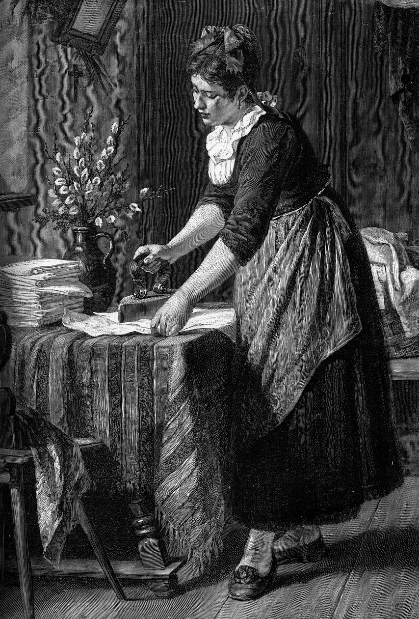 Gospodyni prasuje w mieszczańskim domu. Grawerowanie w czasopiśmie „”La jeunesse”” autorstwa Unknown artist