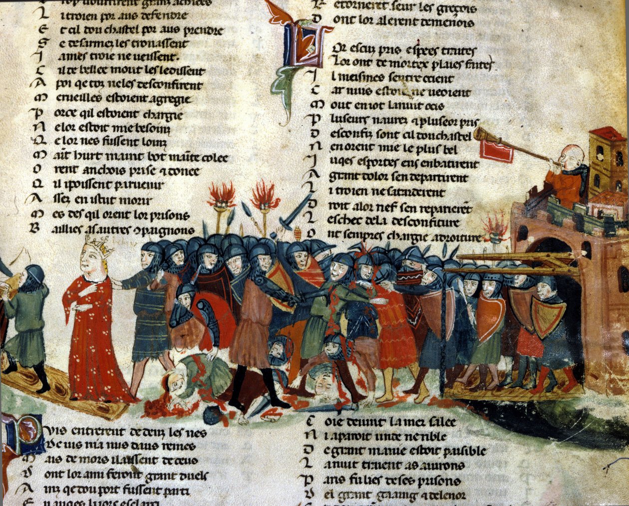 Król zostaje wzięty do niewoli i zabrany przez armię wroga, podczas gdy ofiary bitwy leżą na ziemi. Miniatura „Roman de Troy” autorstwa Benoit de Saint Maure. XIV-wieczna Biblioteca Marciana, Wenecja autorstwa Unknown artist
