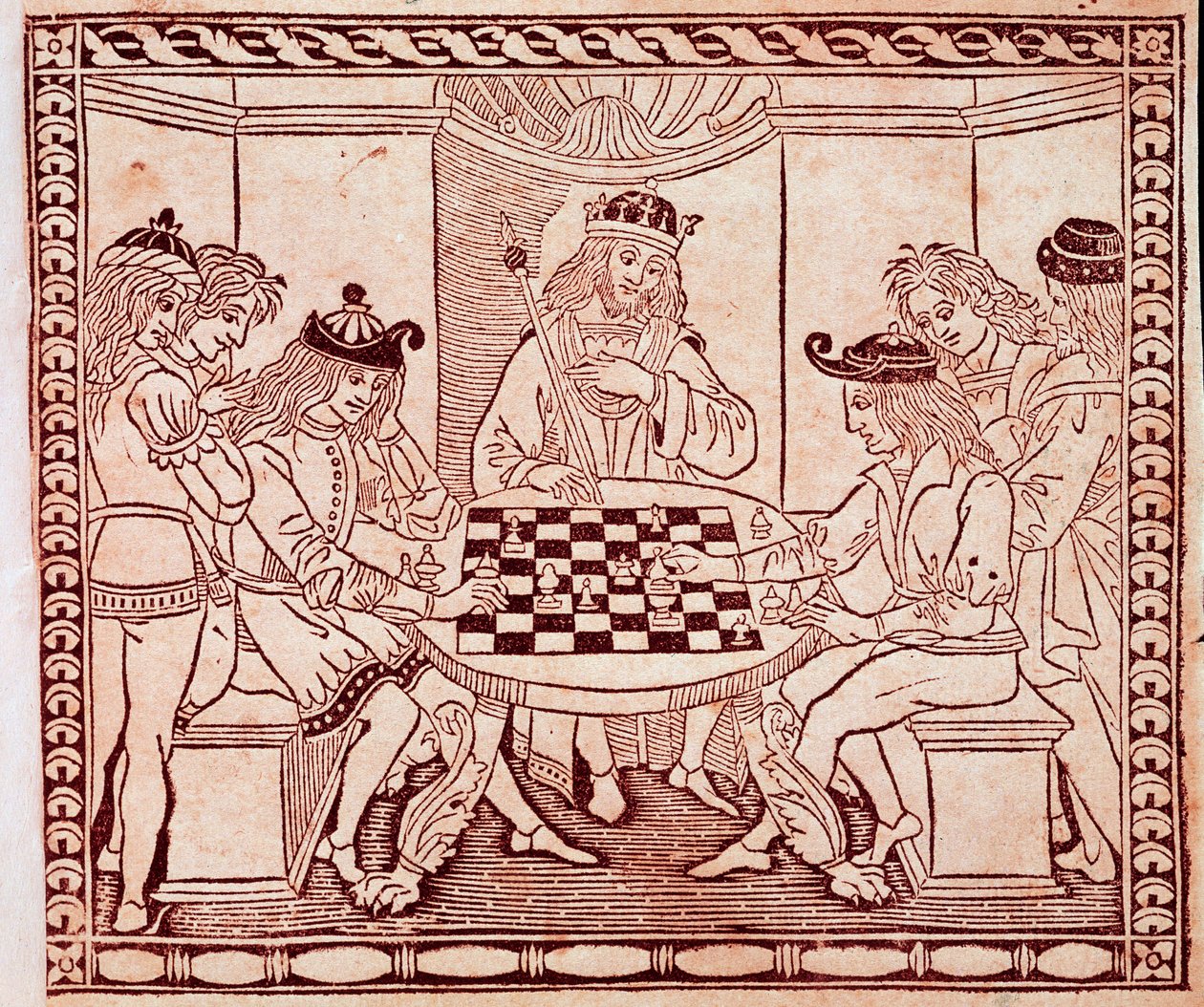 Król oglądający partię szachów Ksylografia z frontyspisu „De Ludo Scorcorum” Jacopo de Cessoles (XIV w.) Wenecja Biblioteca Marciana autorstwa Unknown artist