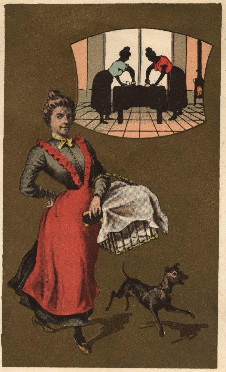 Pralka przewożąca pranie w koszu. Anonimowa chromolitografia, koniec XIX wieku. autorstwa Unknown artist