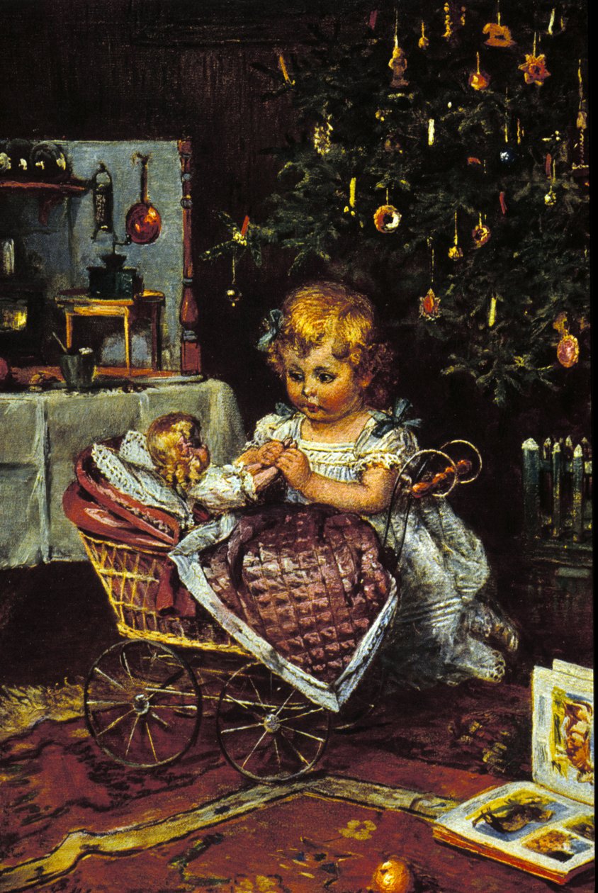 Mała dziewczynka odkrywa lalkę i wózek pod choinką. 19 wiek autorstwa Unknown artist