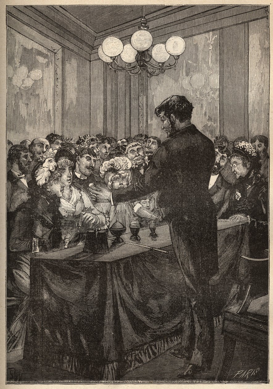 Magik używający pudełka z gałką muszkatołową, aby kula pojawiała się i znikała. Grawer z 1885 roku w „Les arts et metiers illustres” Adolphe BITARD. autorstwa Unknown artist