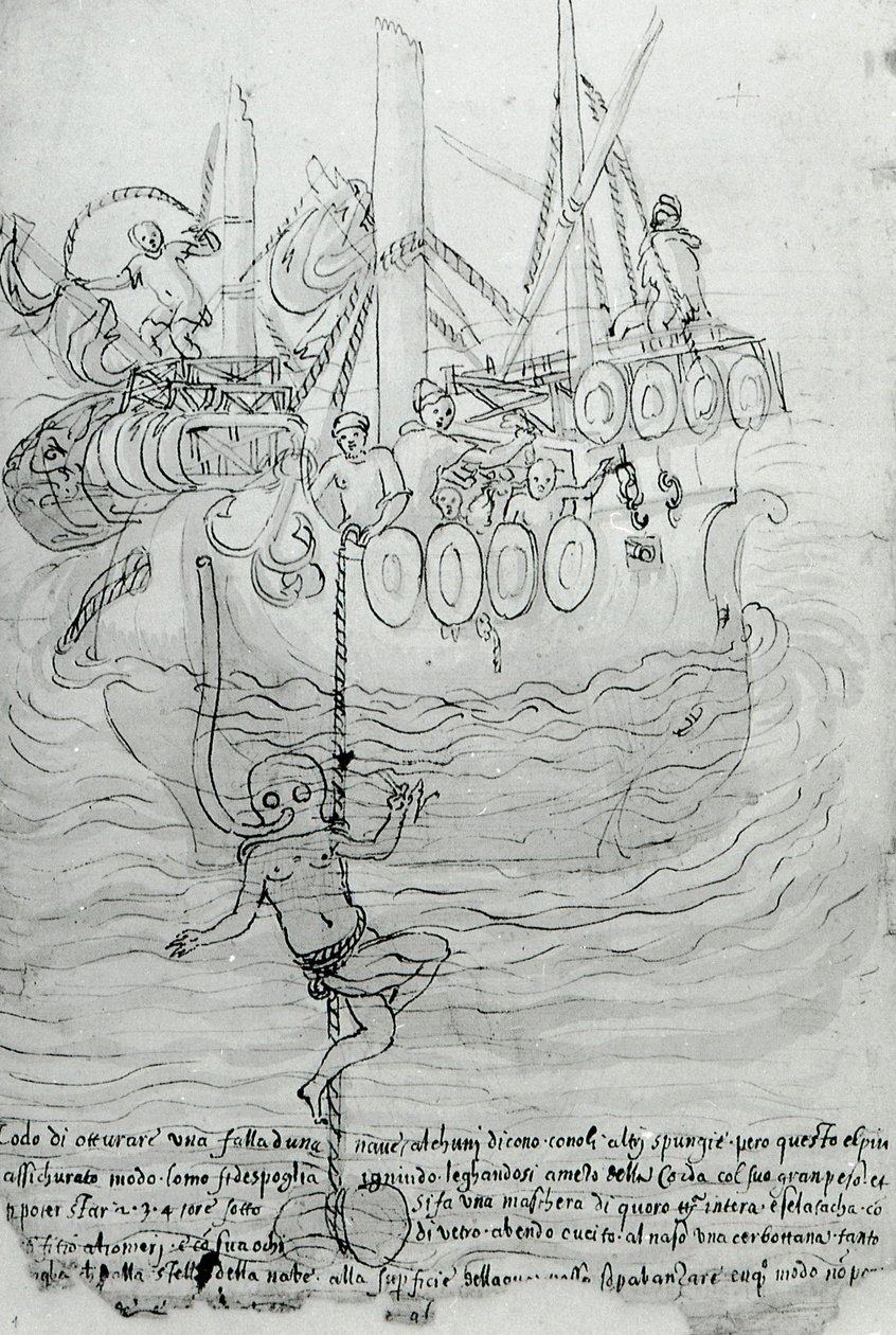 Mężczyzna próbuje naprawić kadłub łodzi za pomocą maski. autorstwa Unknown artist