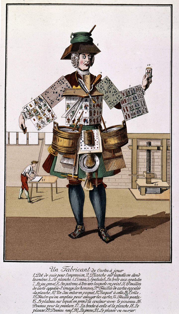 Producent kart do gry. Rycina z XVII-XVIII wieku według „Karty do gry”. autorstwa Unknown artist