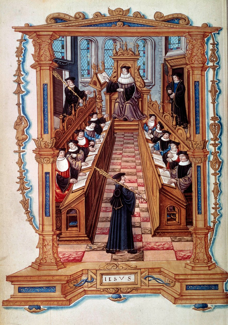 Dwór mistrzowski w sali Uniwersytetu Sorbony w Paryżu w średniowieczu. Z miniatury. 16 wiek autorstwa Unknown artist