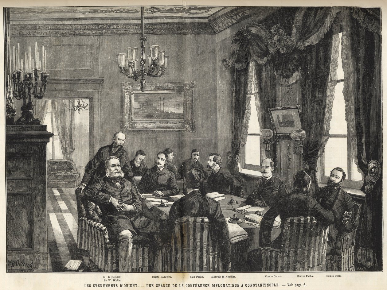 Spotkanie Europejskiej Konferencji Konstantynopola Wojna serbsko-bułgarska, Turcja - Wojna serbsko-bułgarska - Spotkanie konferencji dyplomatycznej w Konstantynopolu - 1885 - w znakomitym wszechświecie 1886 (Aleksander z Nalidowa (Nelidoff) (1835-1910) - autorstwa Unknown artist