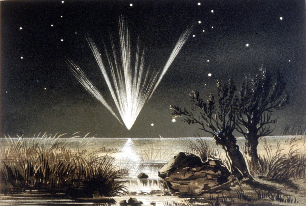 Meteoryt spadający do morza. Litografia kolorowa z końca XIX wieku autorstwa Unknown artist