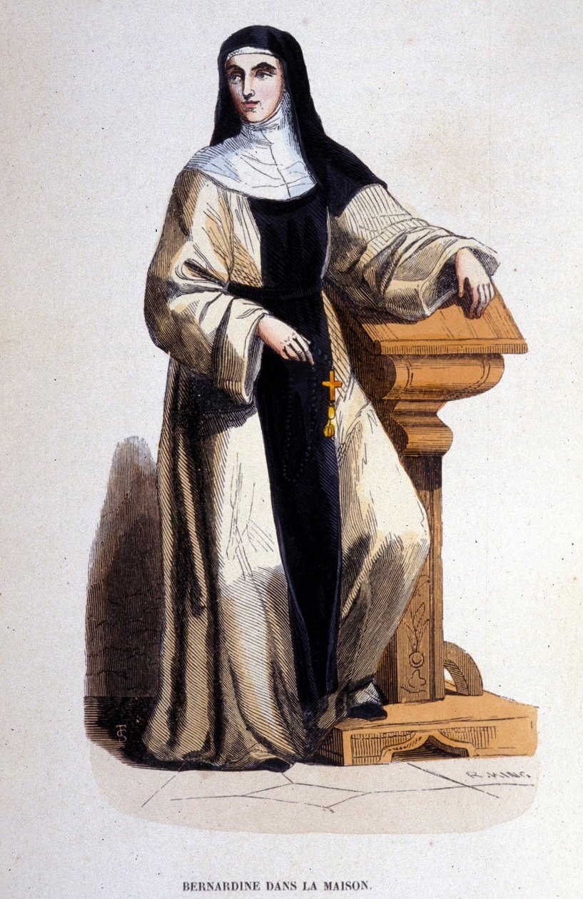Zakonnica Bernardynka, członkini zakonu św. Benedykta zreformowanego w XII wieku przez św. Bernarda. Rycina XIX wieku. autorstwa Unknown artist