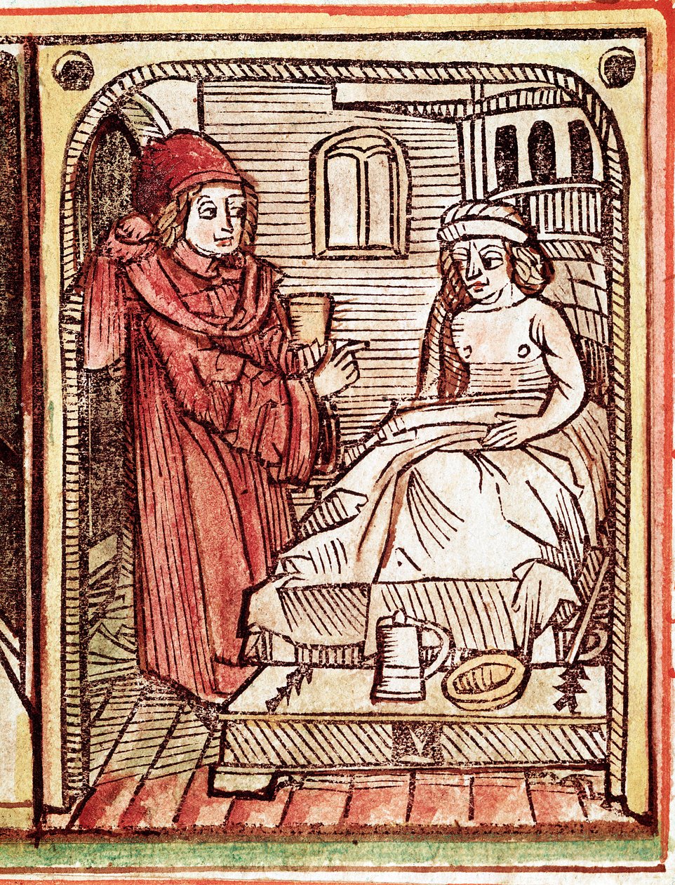 Lekarz daje pacjentowi zabieg wykonany z roślin leczniczych Rycina z „Tractatus de pestilentia” XV wiek - Praga, Biblioteka Narodowa autorstwa Unknown artist