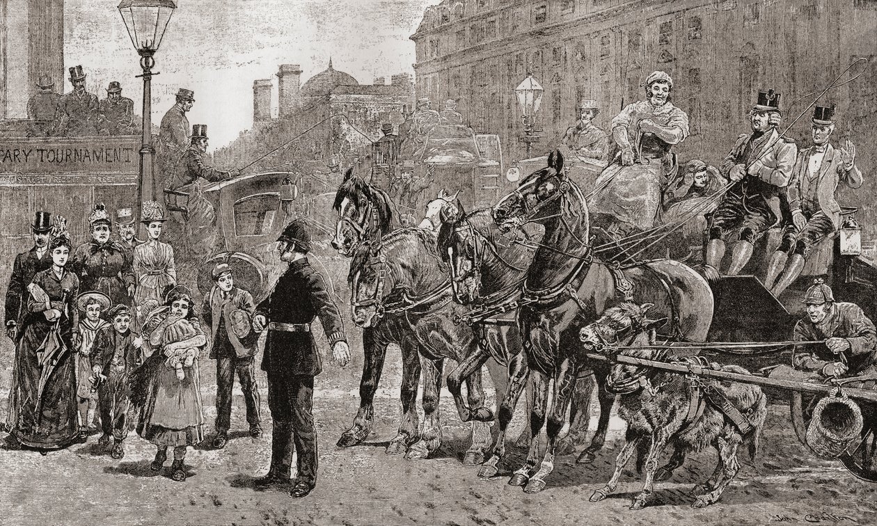Policjant zatrzymuje ruch na ruchliwym skrzyżowaniu, aby umożliwić pieszym przejście na drugą stronę ulicy, Londyn, Anglia autorstwa Unknown artist