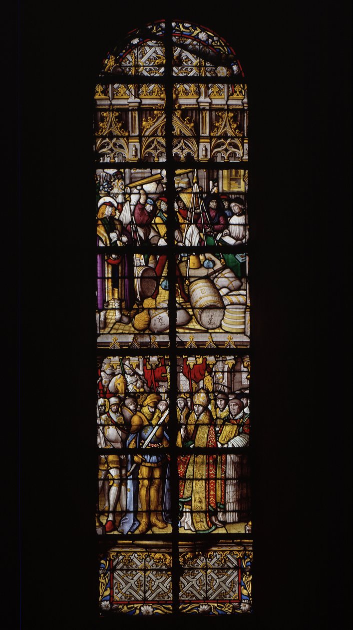 Prawo do wag i miar gwarantowane obecnością odpowiedniego kontrolera (góra). Chilperic witany przez wigilię Tournai po klęsce przez brata Sigeberta (na dole). Witraże w Cathedrale de Tournai: Transept po prawej (3). autorstwa Unknown artist