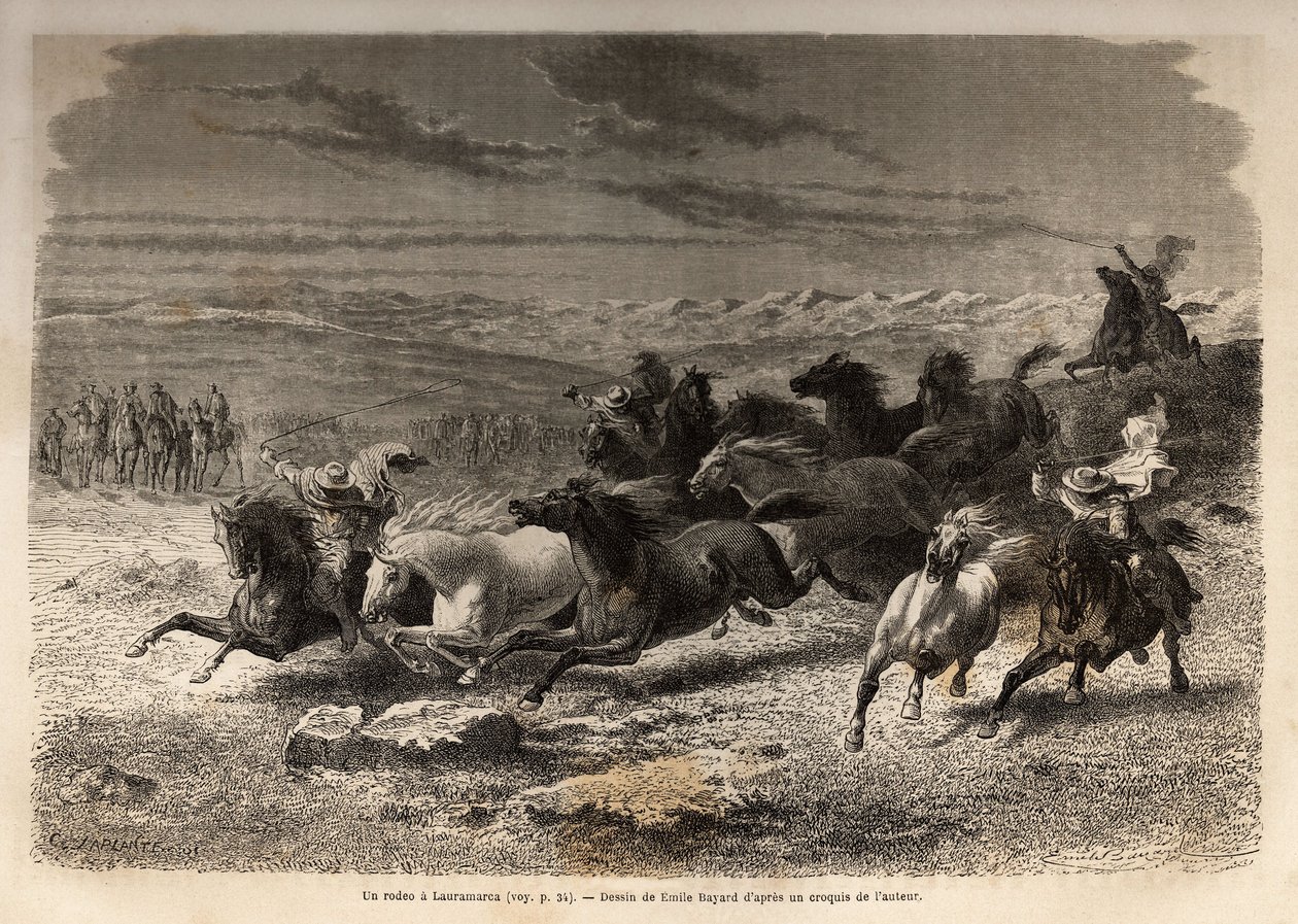 Rodeo w Lauramarca (Dolne Peru), schwytanie dzikich koni, przed ich żelaznym oznaczeniem inicjałami właściciela regionu, uważanego za kompletne widowisko, zgromadziło wielu badaudów. Grawerowanie ilustrujące podróż w dolinach Quinquin autorstwa Unknown artist