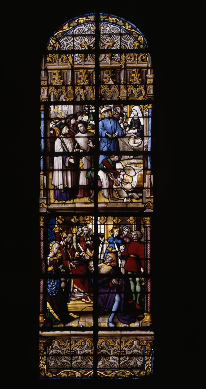 Opłata licencyjna od sprzedaży wina była i przy ladzie (u góry). W cenie złota Fredegonde uzbrojony w zatruty sztylet w dwa szekary z Therouanne (niski). Witraże w Cathedrale de Tournai: Transept po prawej (4). autorstwa Unknown artist