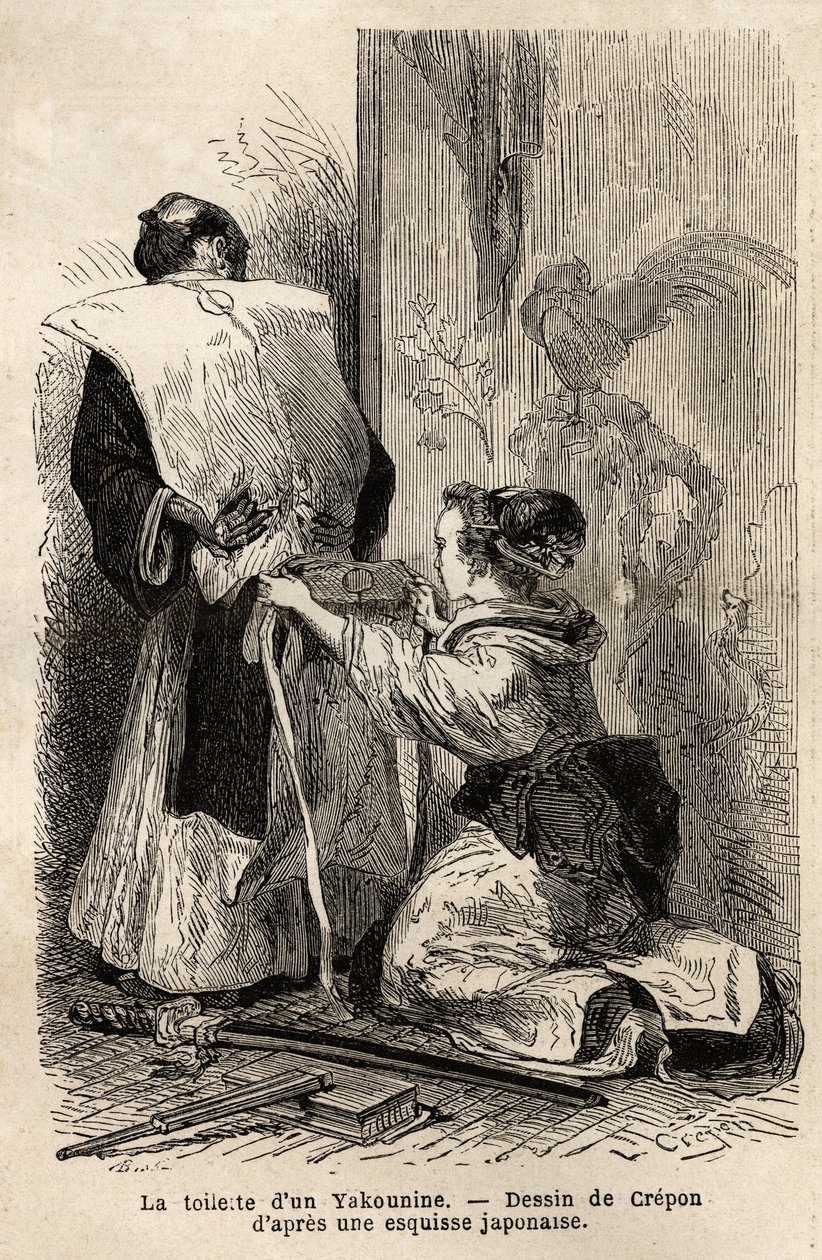 Toaleta samuraja, młoda pokojówka pomaga jej zawiązać kimono. Grawer ilustrujący wyprawę do Japonii w latach 1863-1864 autorstwa Aime Humberta, ministra Konfederacji Szwajcarskiej, w „Le tour du monde, nouveau journal des voyages”” wydawanym pod kierunkiem autorstwa Unknown artist