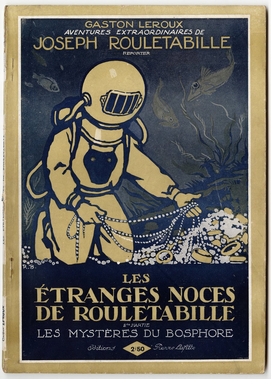 Skafander odkrywa tresor na dnie morza, ilustracja na okładce powieści "Les etranges noces de Rouletabille, 2nd part: les mysteres du Bosphorus" Gastona Leroux (1868-1927), wyd. Pierre Lafitte, Paryż autorstwa Unknown Artist
