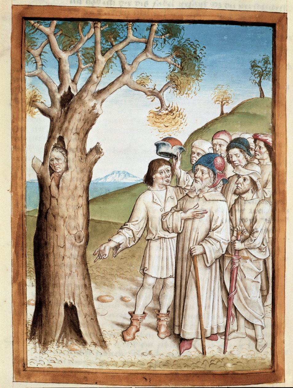 Poszukiwacz ukrywa się w miniaturowym pniu drzewa z niemieckiego tłumaczenia bajek Bidpai „Kalila (Kalila) i Dimna”. (ms. 1389, k. 36) ok. 1480 Chantilly, musee Conde autorstwa Unknown artist