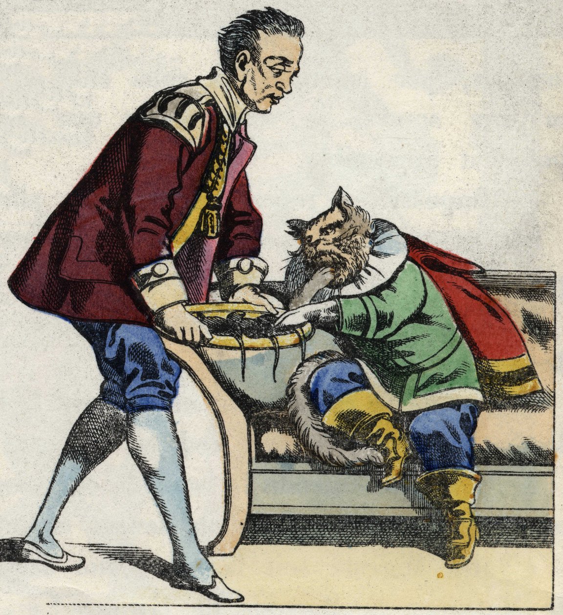 Sługa podaje kotu buty, tacę na myszy. Ilustracja do bajki „Kot botte” Charlesa Perrault autorstwa Unknown artist