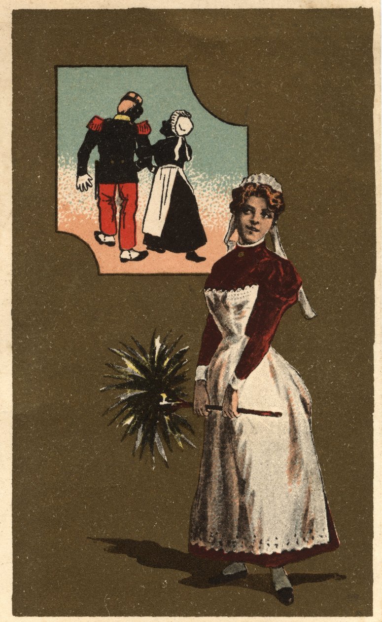 Sługa z piórkiem. Marzyła o ramieniu przystojnego żołnierza. Anonimowa chromolitografia, koniec XIX wieku. autorstwa Unknown artist