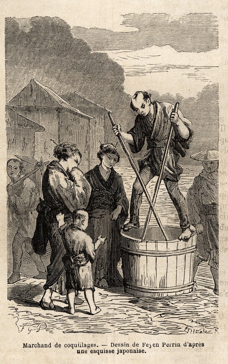 Handlarz muszlami na środku ulicy balansuje na beczce z towarem, którą holuje dwoma długimi pałeczkami. Rycina ilustrująca podróż do Japonii w latach 1863-1864 autorstwa Aime Humberta, ministra Konfederacji Szwajcarskiej, w „L autorstwa Unknown artist