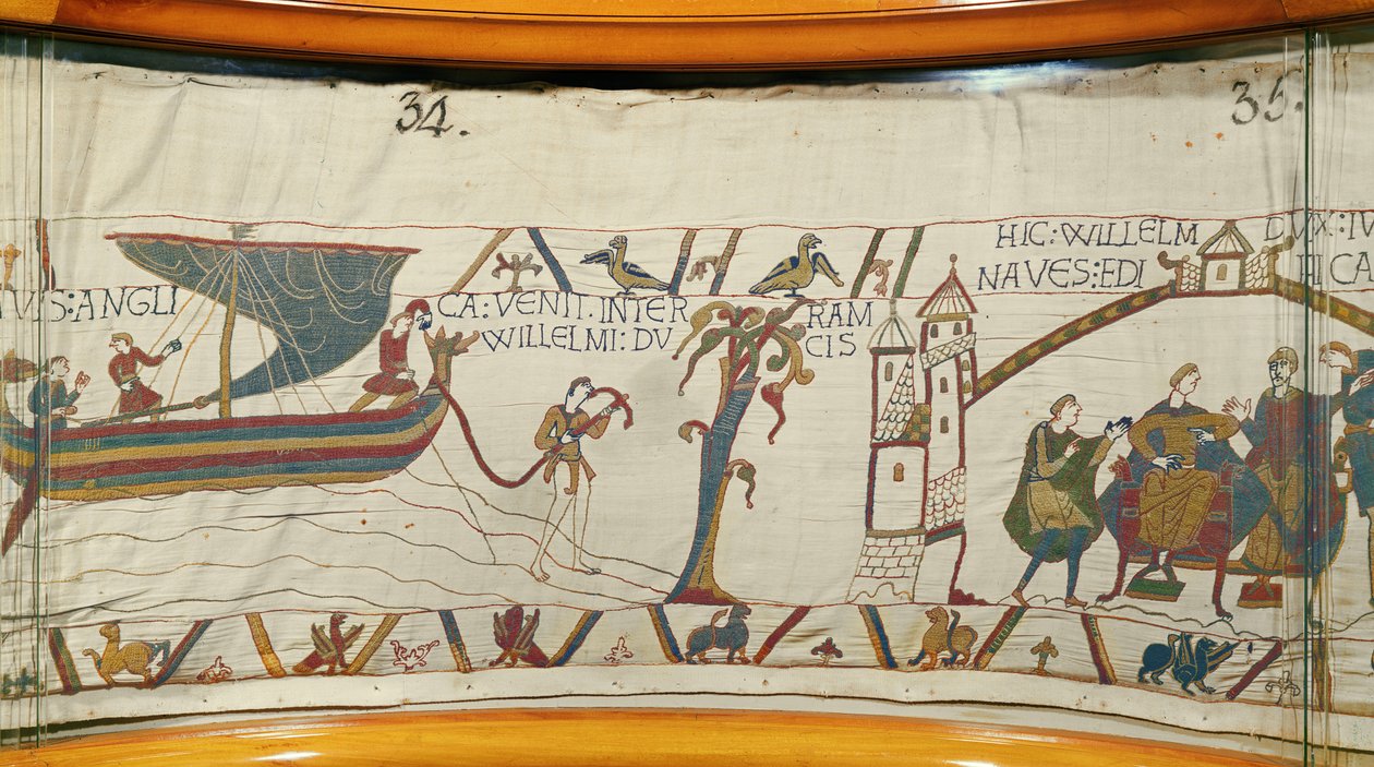 Statek ląduje w Normandii przynosząc wieści o koronacji Harolda, Bayeux Tapestry (haft z wełny na płótnie) autorstwa Unknown artist