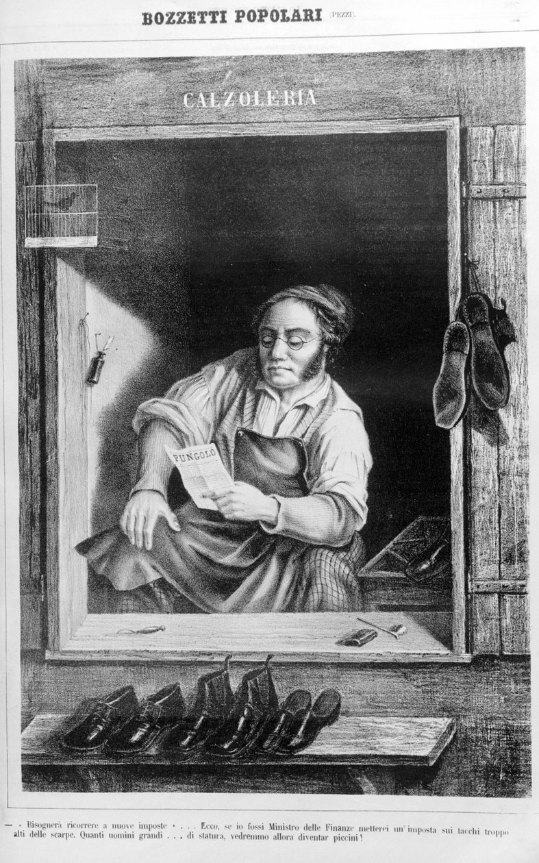 Szewc w XIX wieku: jeśli nałożymy zbyt wysokie podatki na obcasy, ilu wysokich mężczyzn stanie się drobniejsze... autorstwa Unknown artist