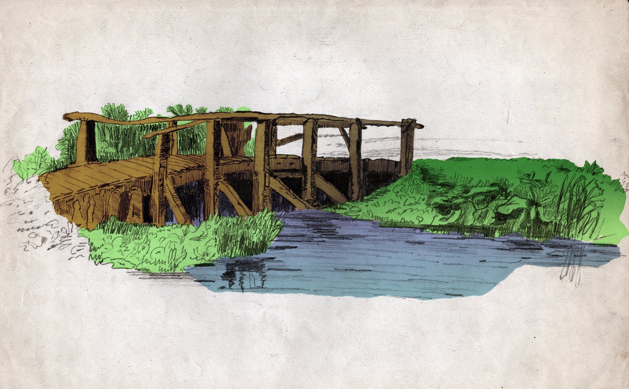 Drewniany mostek nad rzeką (rysunek ok. 1830 r.) autorstwa Unknown artist