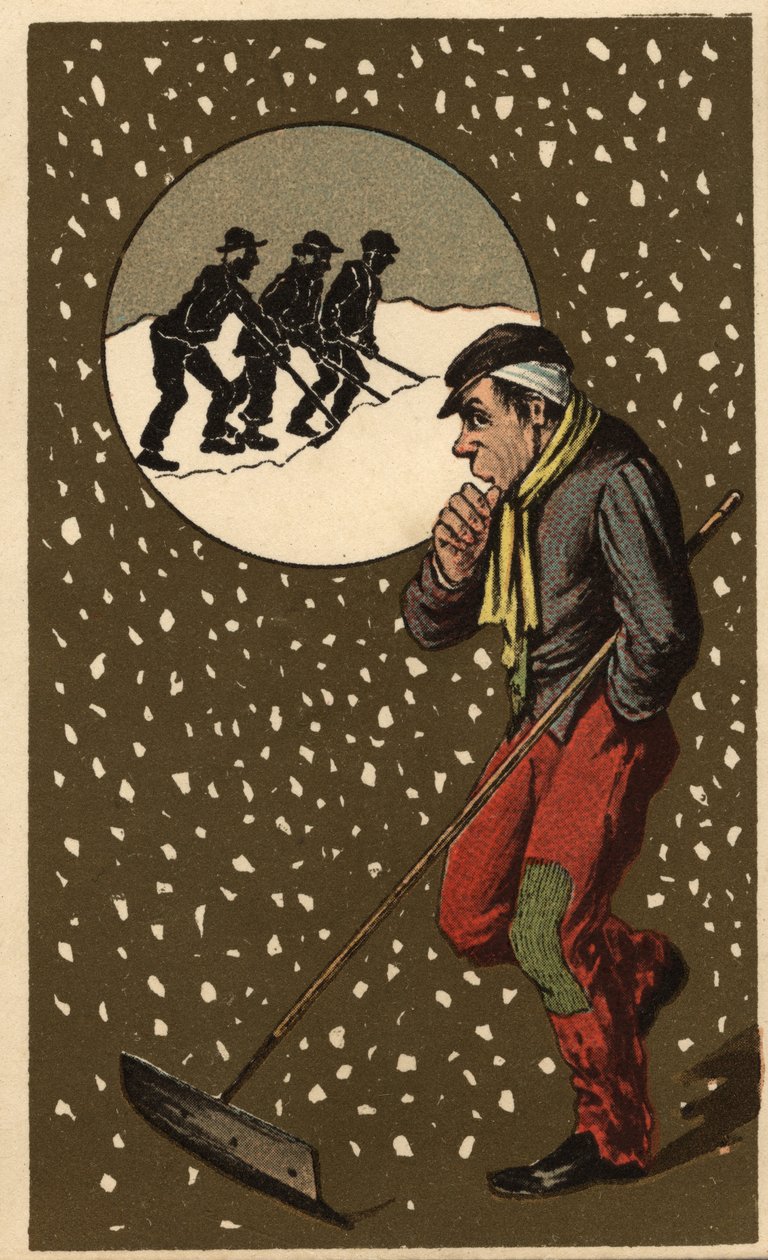 Zbieracz śniegu z łopatą. Anonimowa chromolitografia, koniec XIX wieku. autorstwa Unknown artist