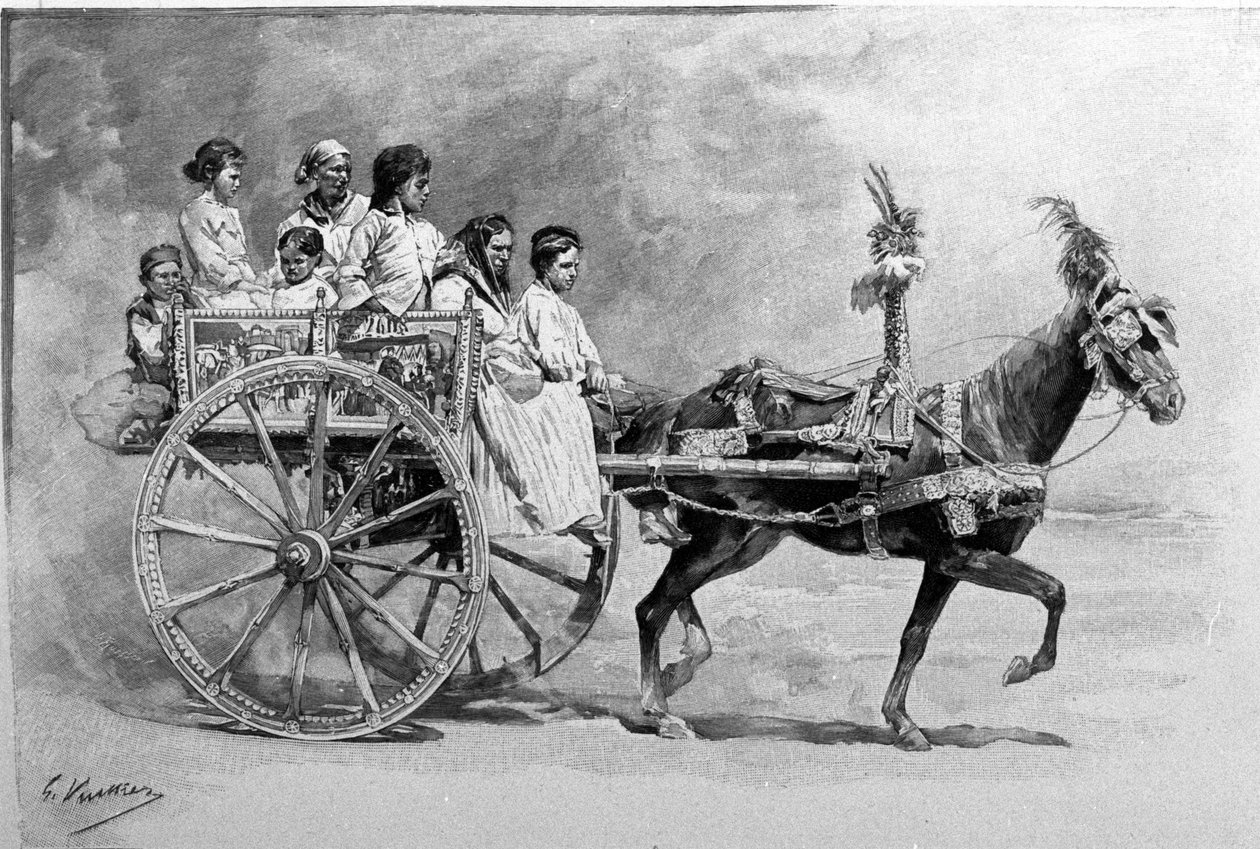 Tradycyjny wózek sycylijski. Grawerowanie z XIX wieku autorstwa Unknown artist