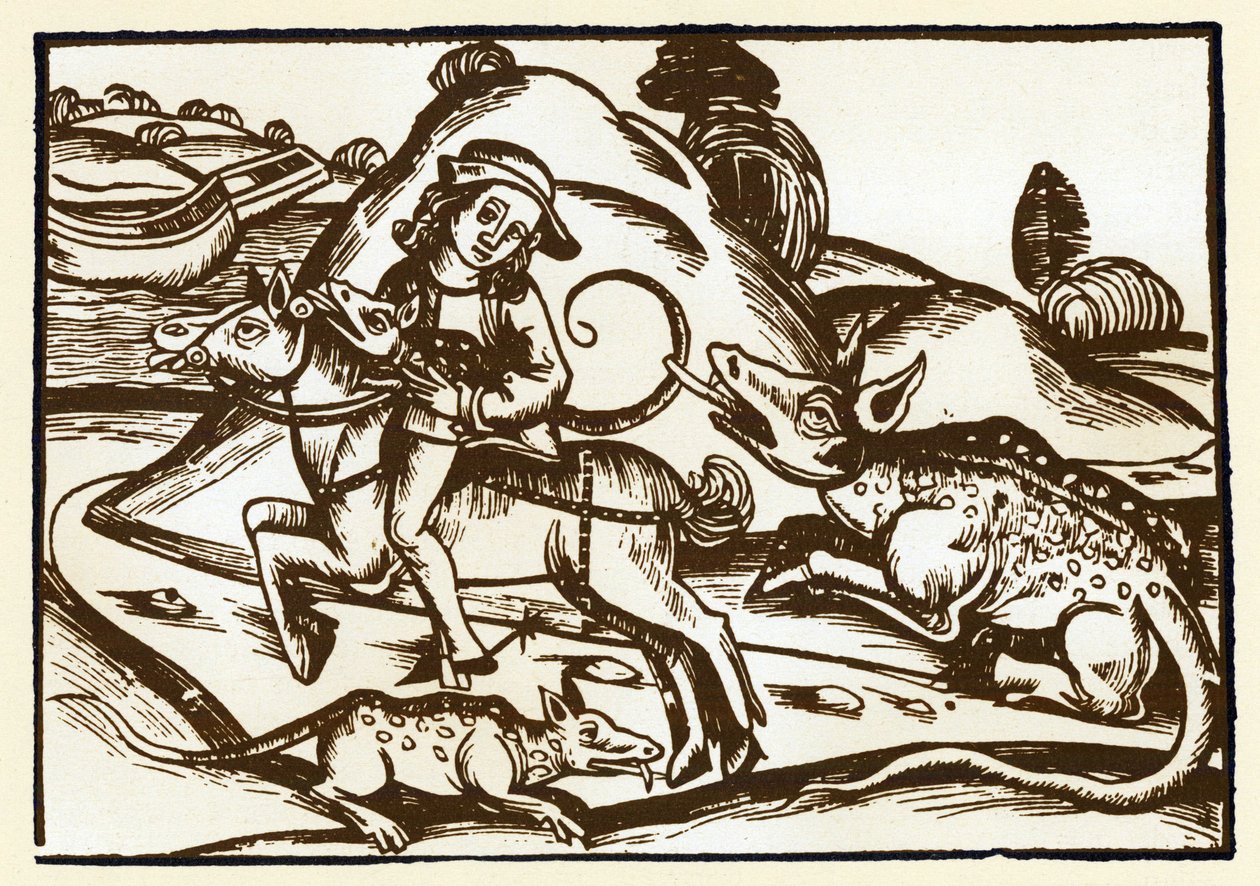 Podróżnik spotyka dwa potworne tygrysy o wyglądzie Bazyliki. Bajki Esope (rycina, koniec XV w.) autorstwa Unknown artist