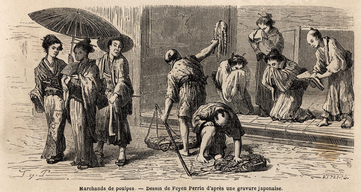 Podróżujący sprzedawca ośmiornic oferuje swoje produkty przechodniom na Edo Street (lub Yedo Street, obecnie Tokio). Rycina ilustrująca podróż do Japonii w latach 1863-1864 autorstwa Aime Humberta, ministra Konfederacji Szwajcarskiej, w „Le tour du monde,  autorstwa Unknown artist