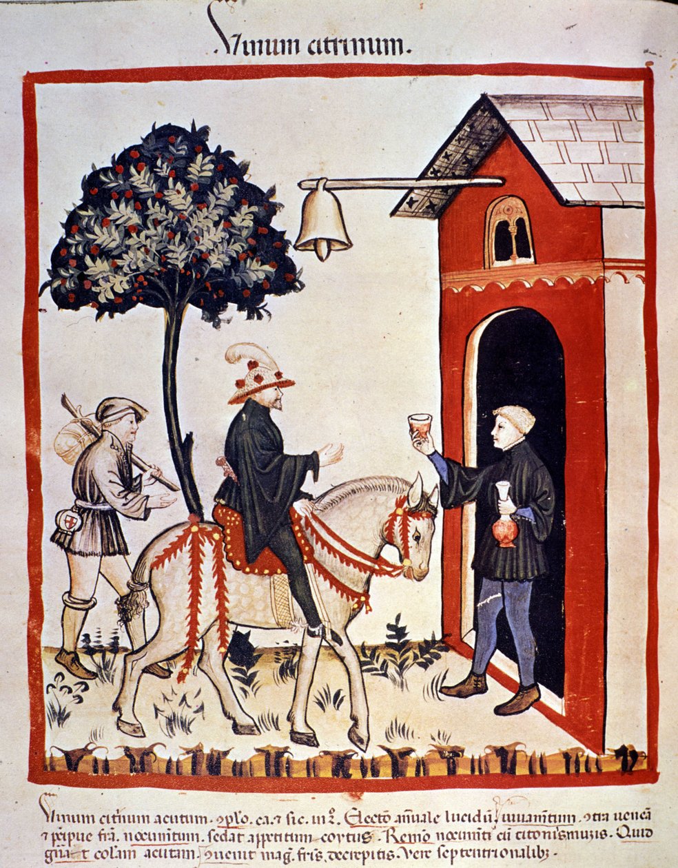 Podróżny witany jest w gospodzie i otrzymuje kieliszek wina. Oświetlenie z doju medycyny i dietetyki „”Tacuinum sanitatis”” autorstwa Unknown artist