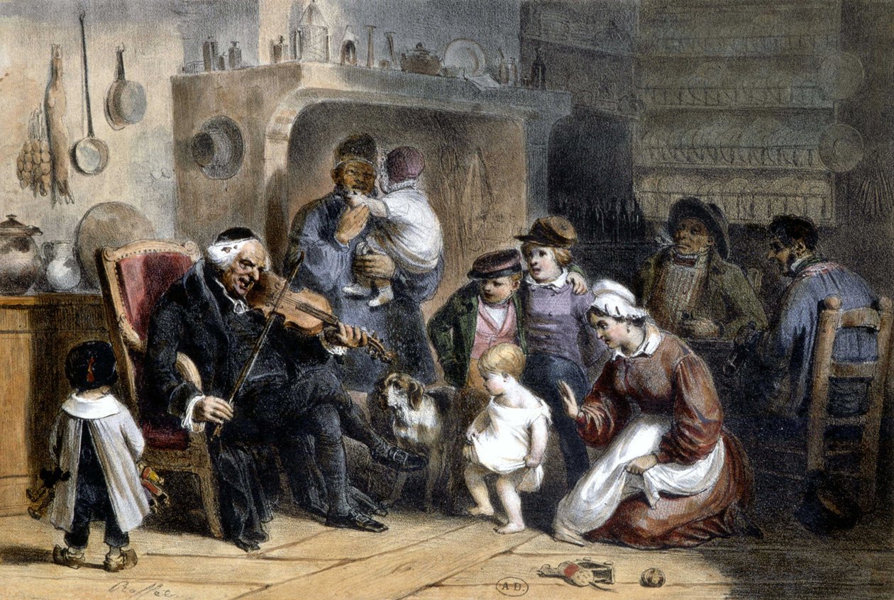 Czuwanie: rodzina zgromadzona wokół księdza grającego na skrzypcach. 19 wiek. autorstwa Unknown artist