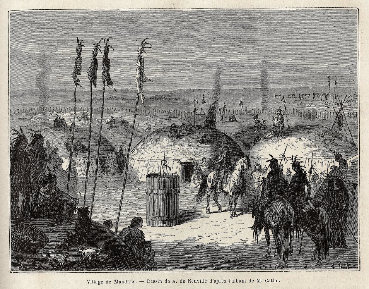 Wioska Indian Mandans (lub noumah ka kie: bażanty) na lewym brzegu Missouri, 600 mil od miasta Saint Louis. Rycina ilustrująca wyprawę wśród plemion indiańskich w dorzeczach Kolumbii i Górnej Missouri, G. Catlin, w 1 autorstwa Unknown artist