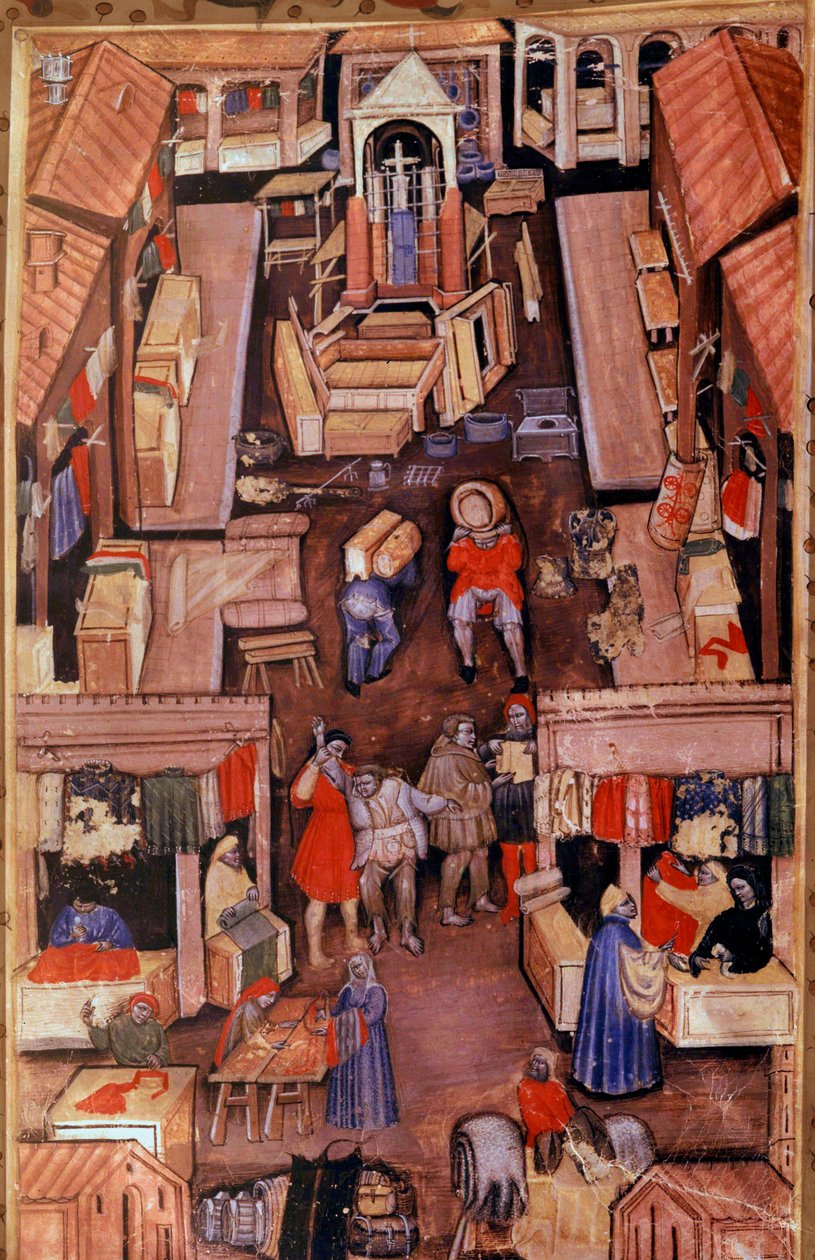 Spacer: sukiennicy, krawcy, handlarze odzieżą we francuskim miasteczku. U góry konstrukcja miniaturowego kościoła z XV-wiecznego rękopisu Paris, B.N. autorstwa Unknown artist
