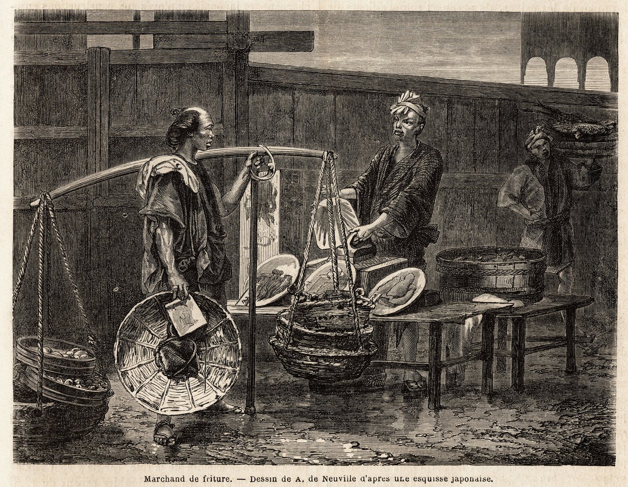Chodzący kupiec smażący, nosi swoje pączki na koszach i jedzie na targ, by sprzedać innym kupcom obiad. Rycina ilustrująca podróż do Japonii w latach 1863-1864 autorstwa Aime Humberta, ministra Konfederacji Szwajcarskiej, w „Le tour du mond autorstwa Unknown artist