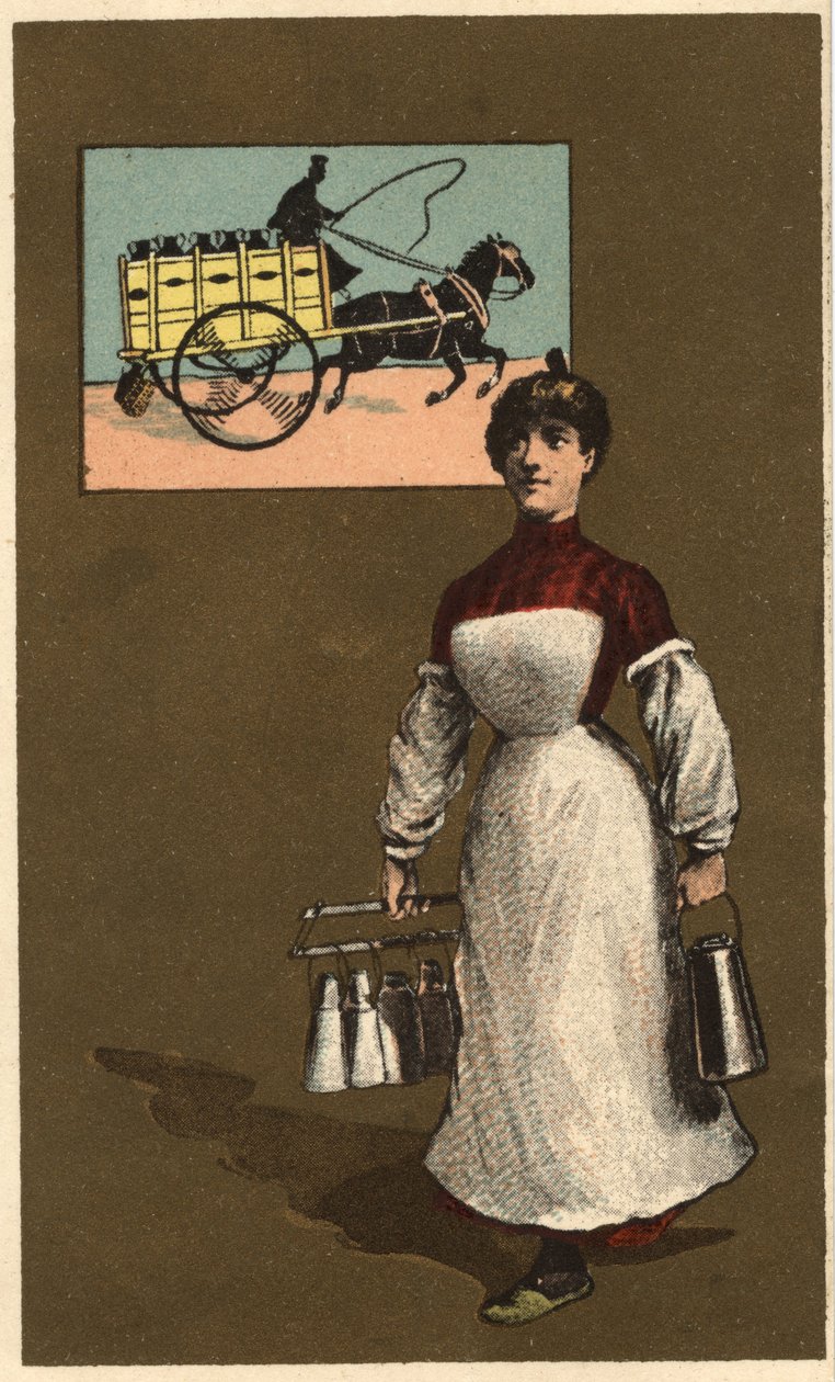 Chodzący sprzedawca mleka (dostawa lub nabiał). Anonimowa chromolitografia, koniec XIX wieku. autorstwa Unknown artist