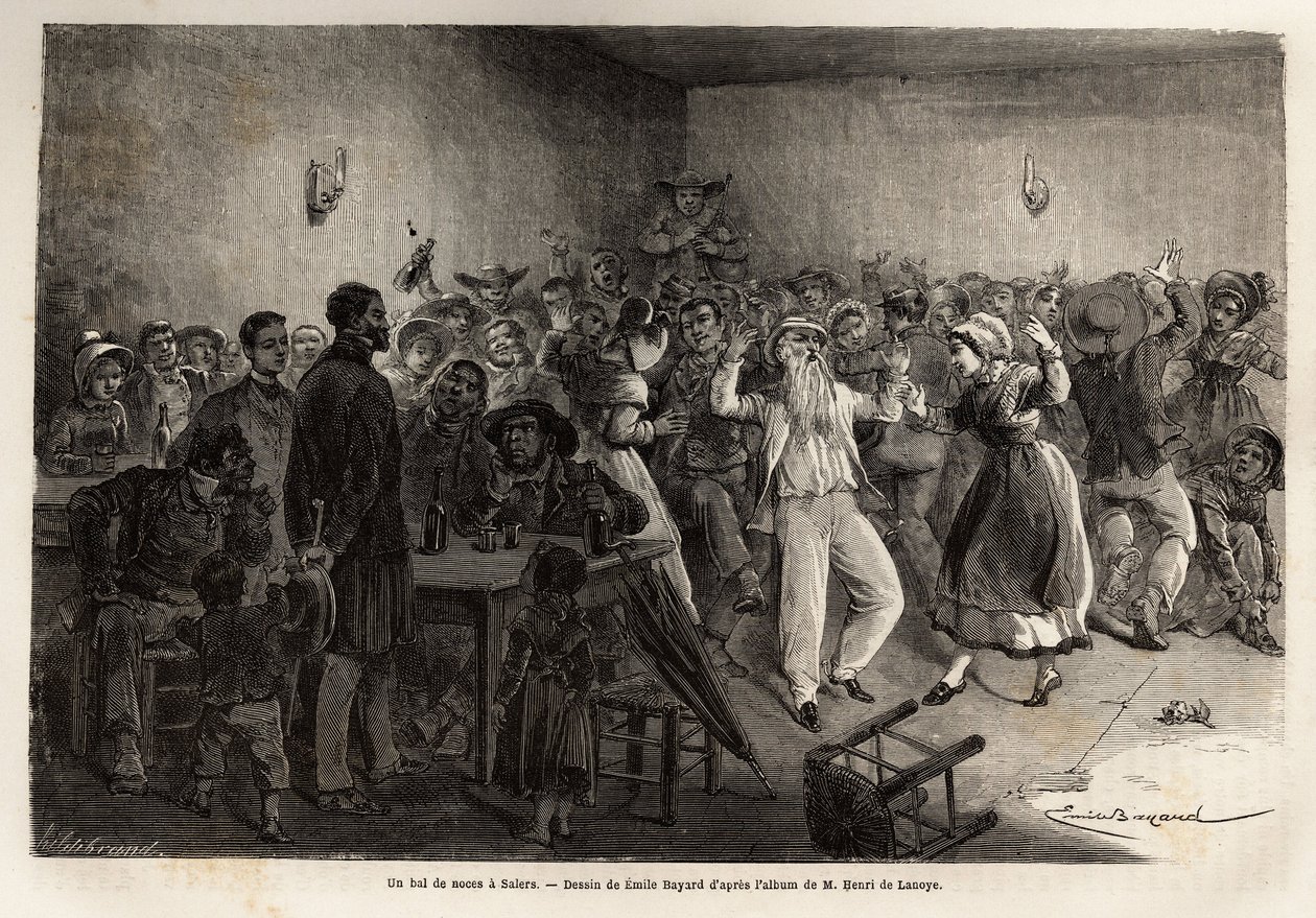 Bal ślubny w Salers, grawer ilustrujący podróż do wulkanów środkowej Francji w 1864 r. w „Le tour du monde, nouveau journal des voyages” wydanej pod kierunkiem Edouarda Chartona autorstwa Unknown artist