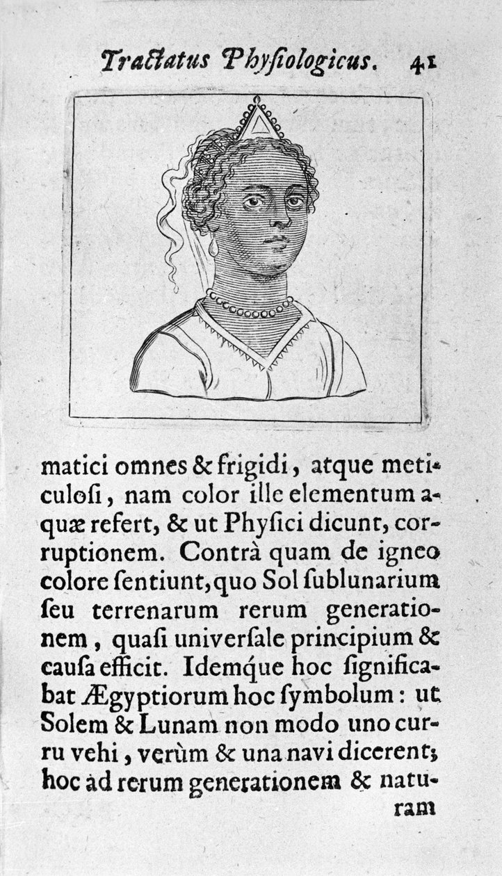 Kobieta ma czarną skórę. Strona zaczerpnięta z „”Tractatus physiologicus de pulchritudine””” opowiada o Ernesto Venio (Ernestus Vaenius) broniącym piękna stworzenia przed anonimowym przeciwnikiem. 1612 autorstwa Unknown artist