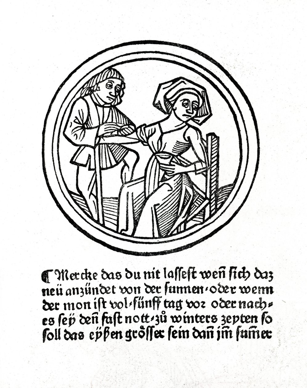 Kobieta krwawi. Ksylografia w „Buch de Surgery” Hyeronimusa Braunschweiga. Strasburg 1497 autorstwa Unknown artist